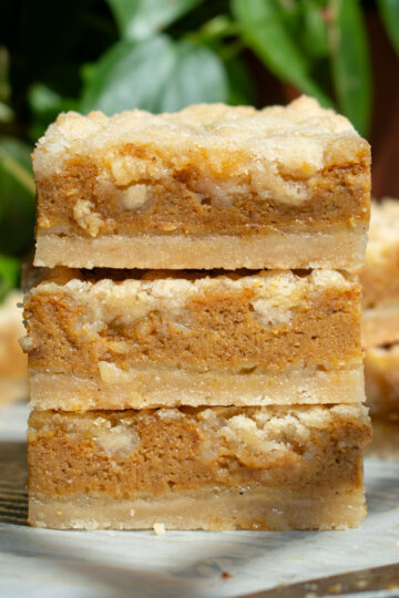 Three pumpkin pie crumb bars stacked on top of each other.