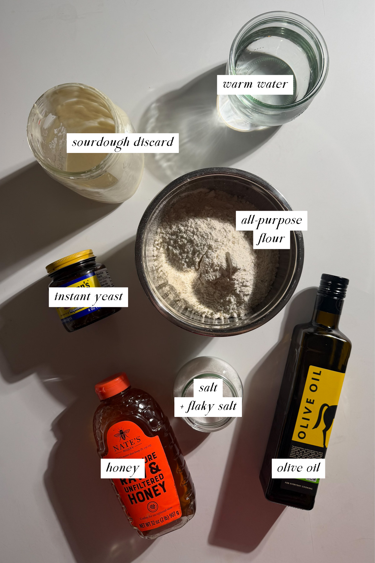 The ingredients needed for sourdough discard focaccia bread with labels.
