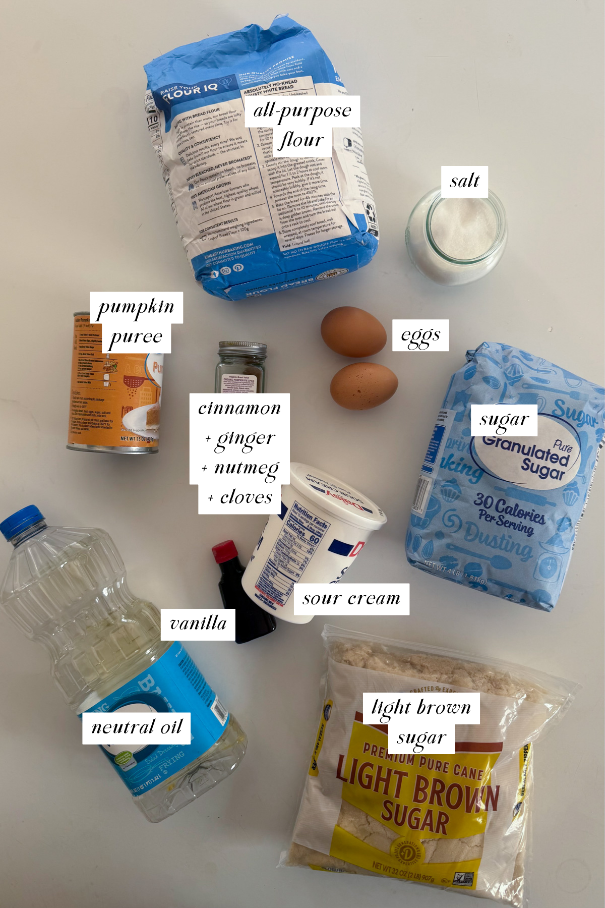 The ingredients needed for classic pumpkin bread with labels.