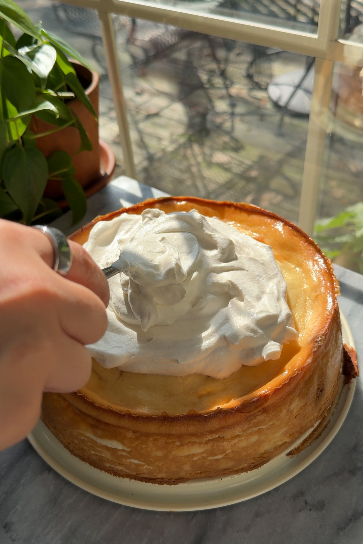 A hand spooning brown sugar whipped cream on top of a pumpkin cake cheesecake.