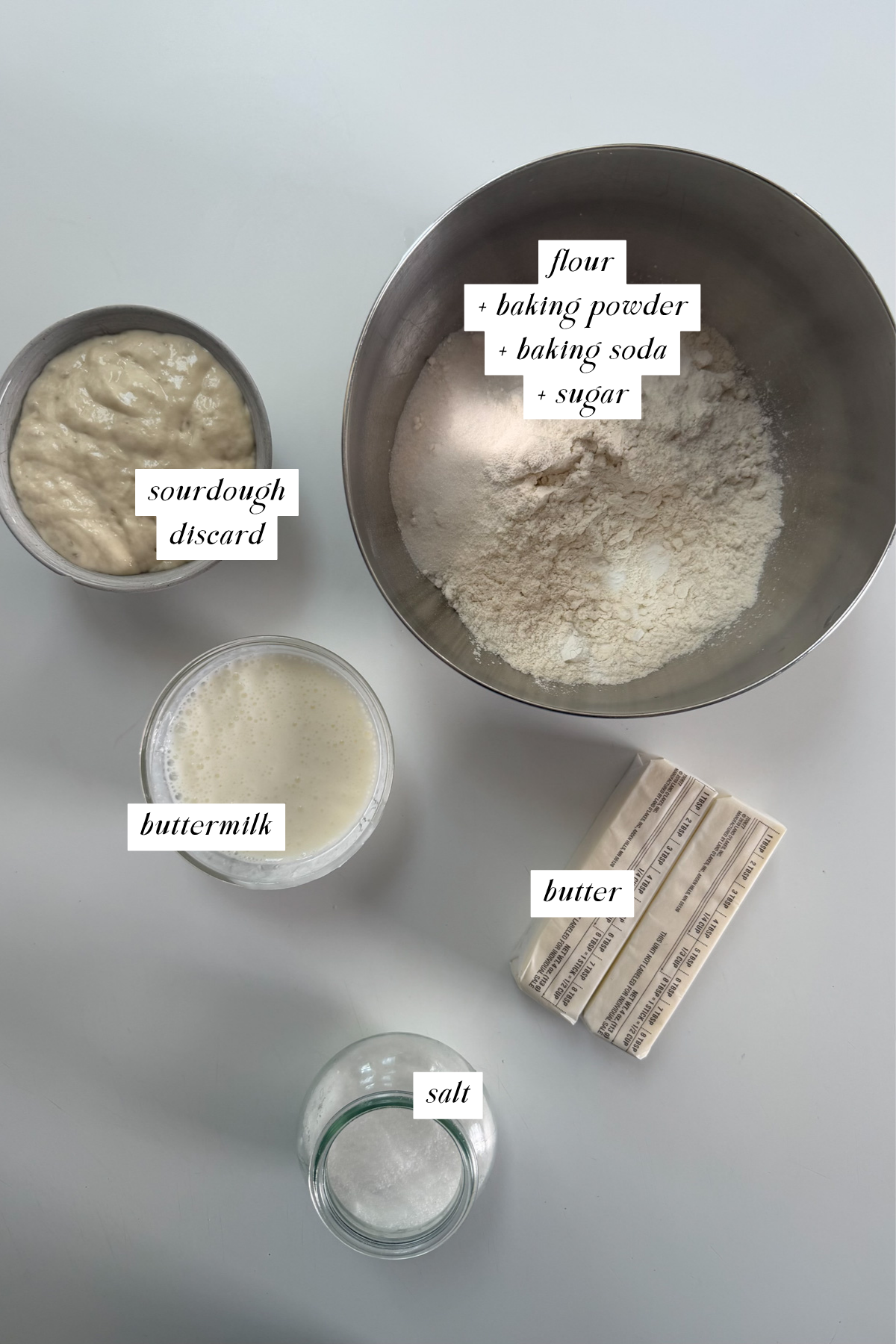 Ingredients needed for sourdough discard biscuits, with labels.