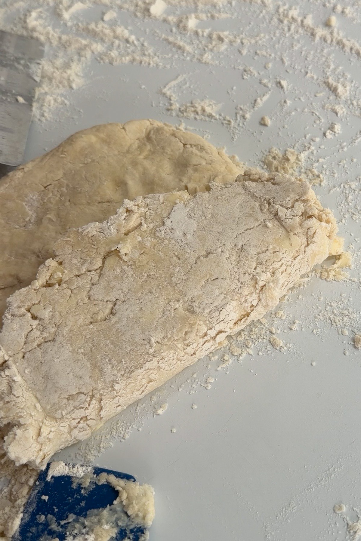 Sourdough discard biscuit dough being folded on a floured countertop.