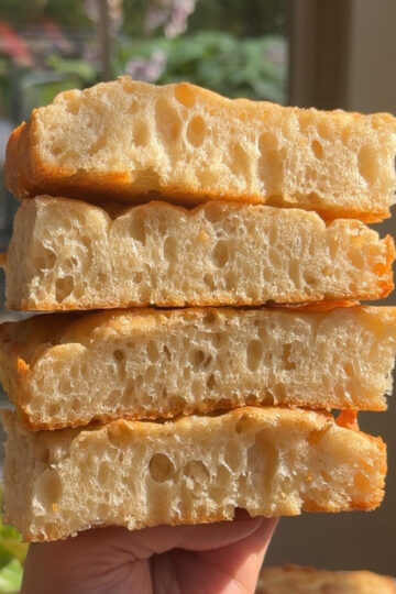 A hand holding four slices of sourdough discard focaccia in front of plants and a window.