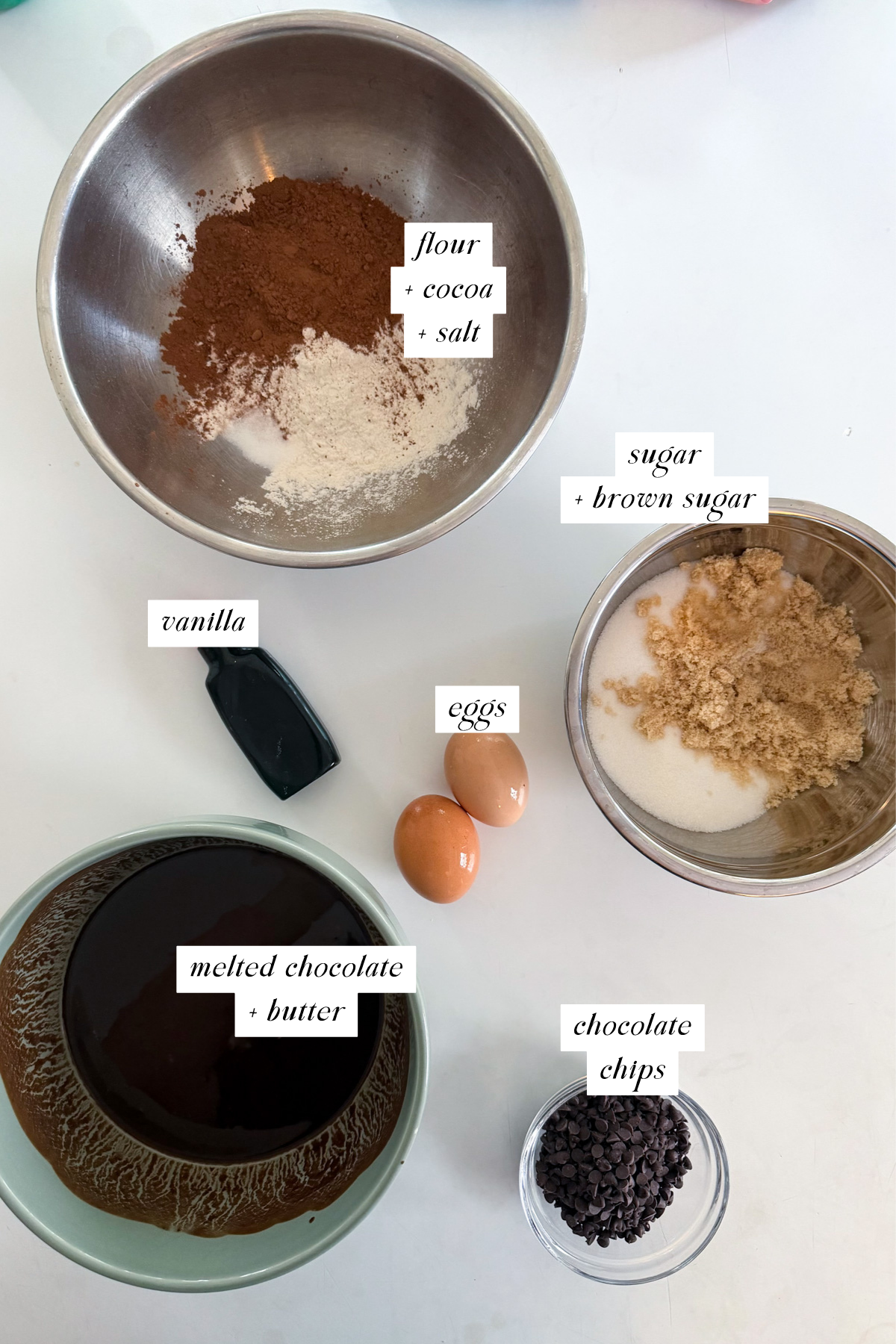 The ingredients needed for fudgy chocolate brownies with labels.