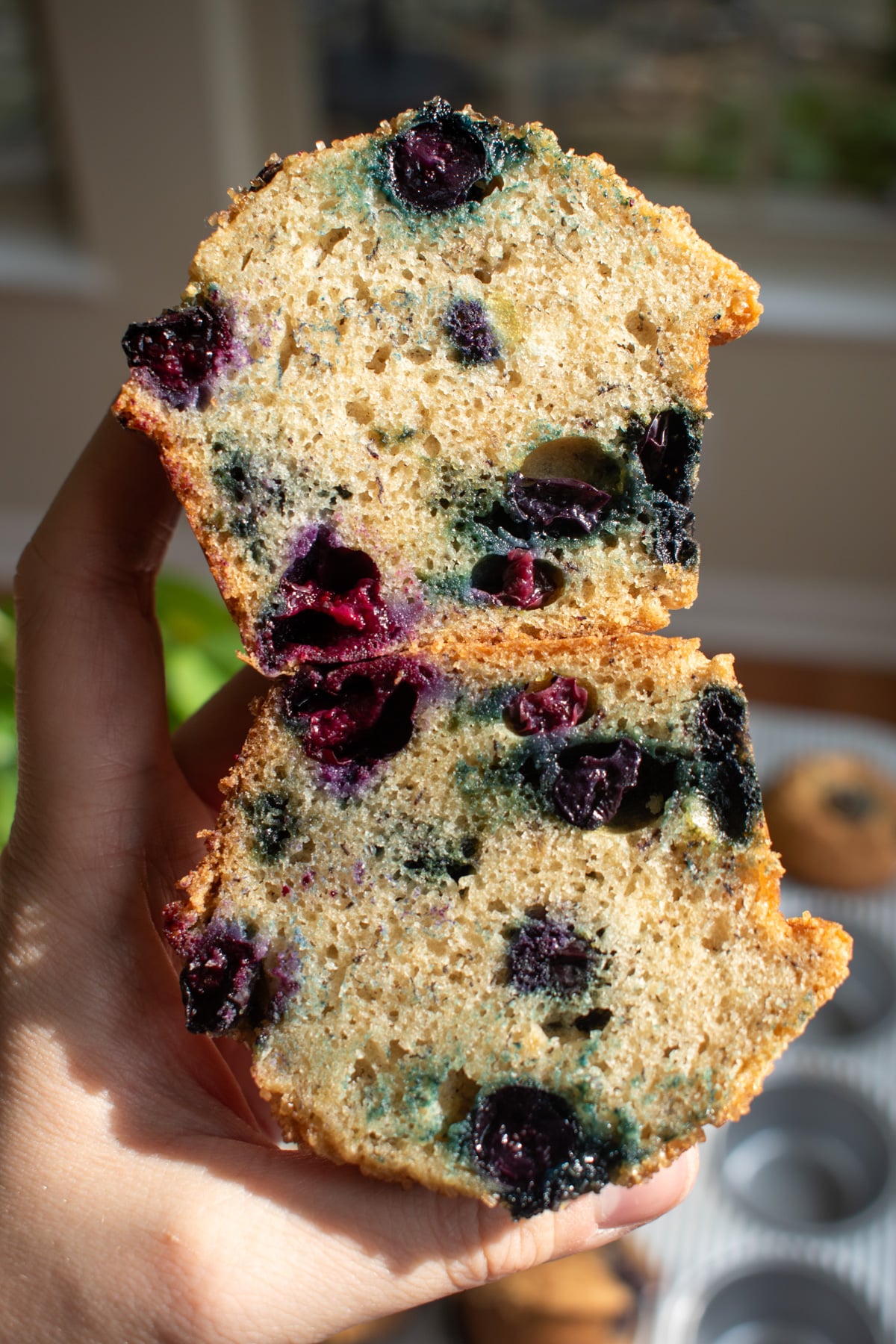 A hand holding two halves of a banana blueberry muffin to show the moist texture and pockets of blueberries.