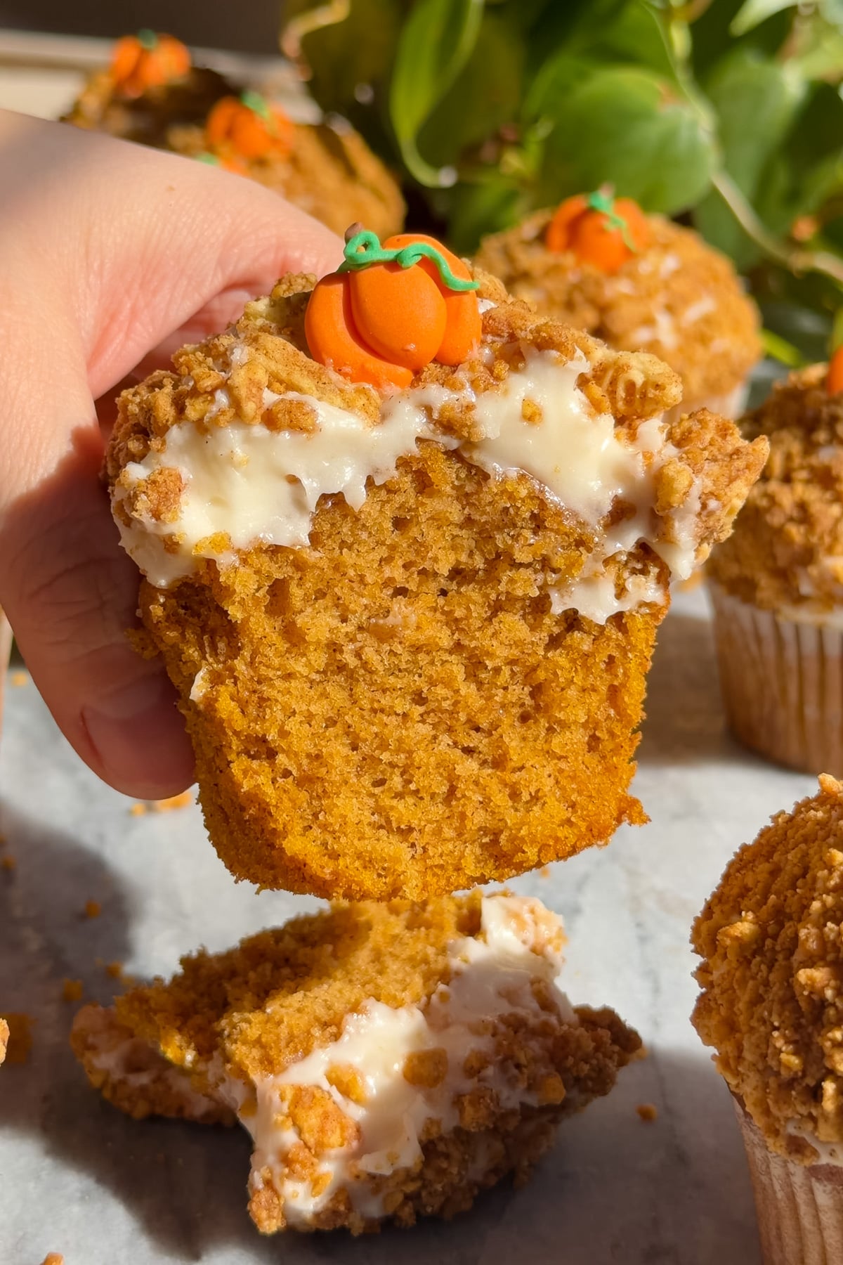  Pumpkin crunch cupcakes coated in Golden Oreo crumble and topped with pumpkin decorations cut in half to show the moist texture.