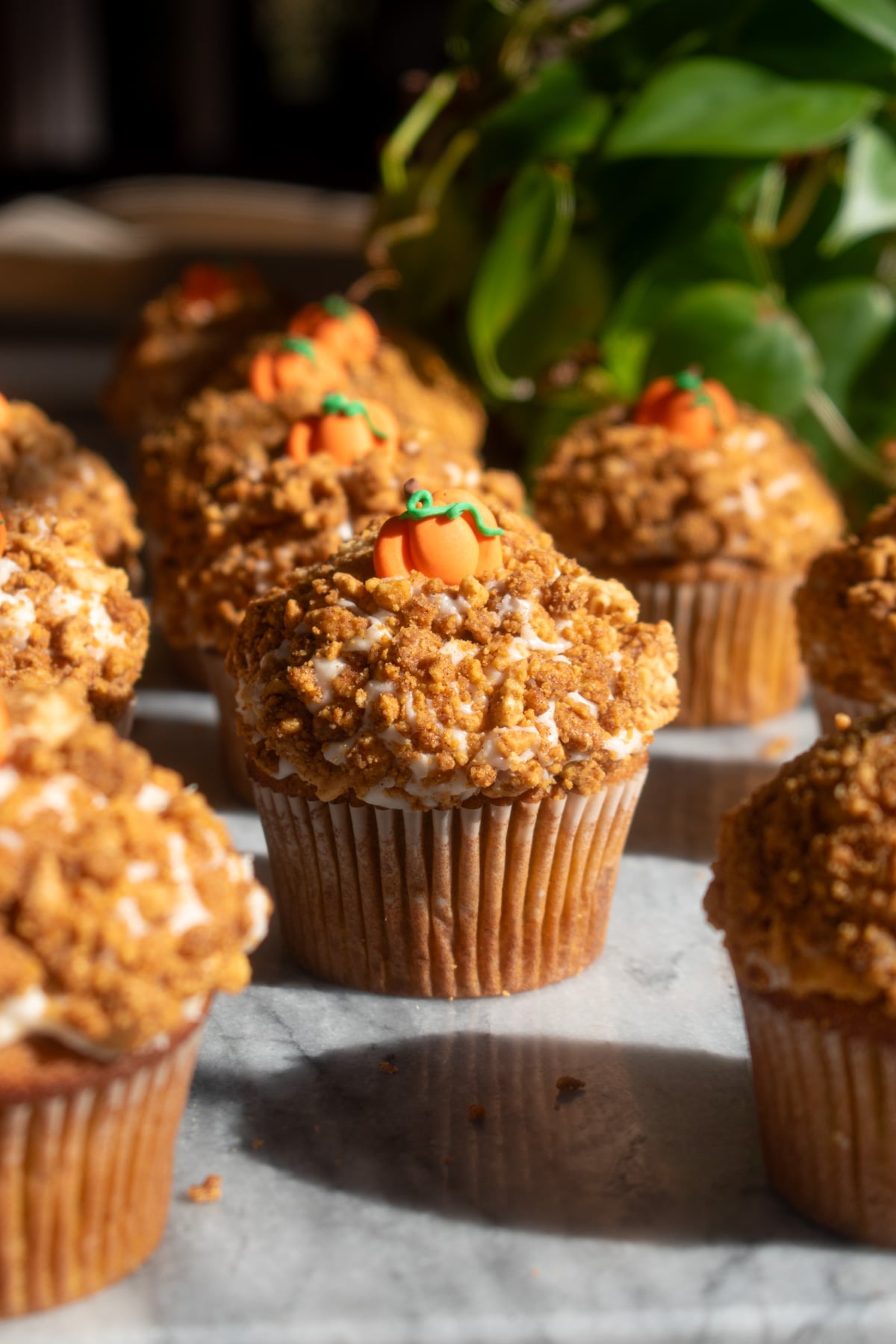 Pumpkin crunch cupcakes coated in Golden Oreo crumble and topped with pumpkin decorations.